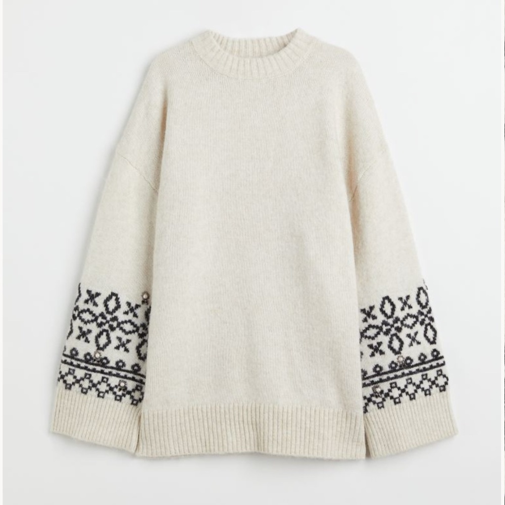 H&M premium boho white gray embellished touch of alpaca oversized sweater NWT